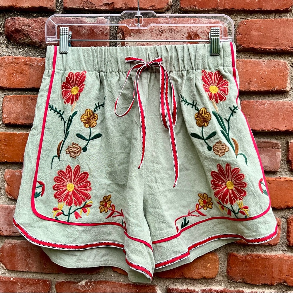 Embroidered Floral Drawstring Skort - Sage Green- Urban Daizy